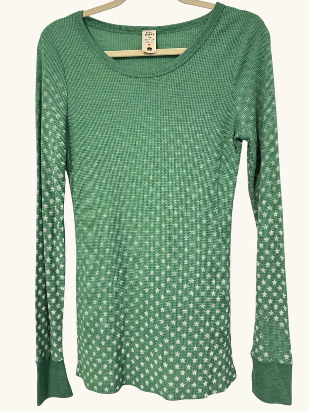 Free People Green Star Print Thermal Long Sleeve Top Size L - Picture 2 of 10